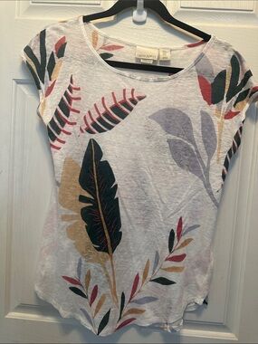 Cynthia Rowley Off-White 100% Linen Scoop Neck Tee with Multicolor Leaf Print M